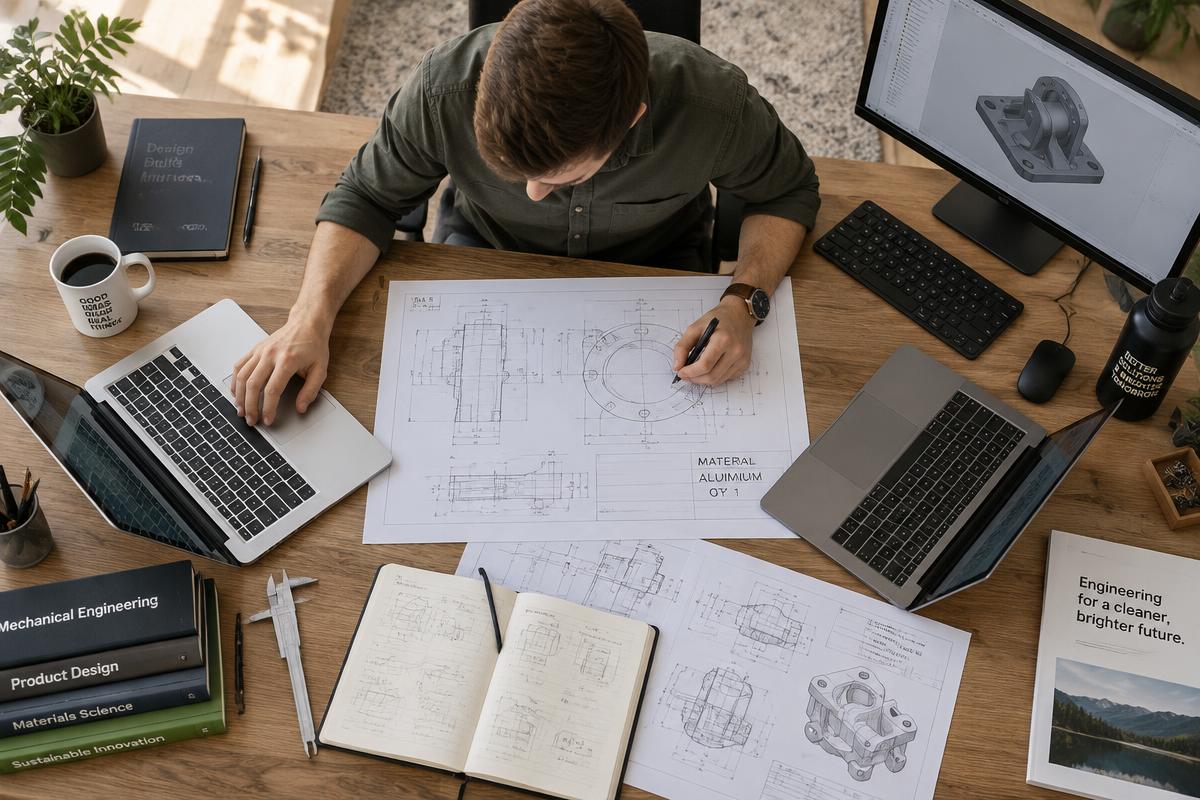 Profissional trabalhando com projetos de engenharia e computadores